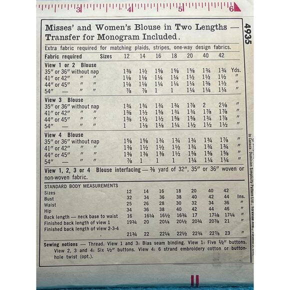 Butterick Sewing Pattern 4935 Blouse short no sleeve 1960s size 16 - Picture 5 of 5